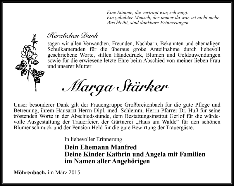  Traueranzeige für Marga Stärker vom 14.03.2015 aus Südthüringer Presse