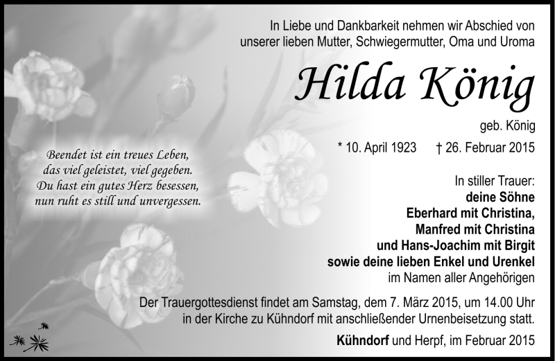  Traueranzeige für Hilda König vom 04.03.2015 aus Südthüringer Presse