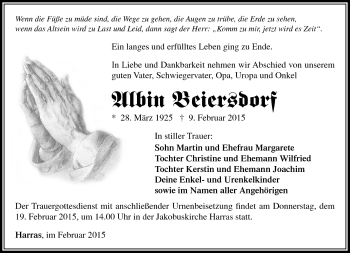 Traueranzeige von Albin Beiersdorf von Südthüringer Presse