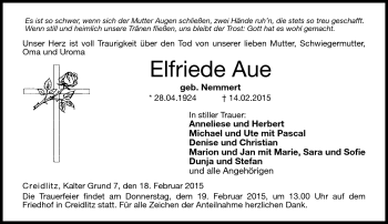 Traueranzeige von Elfriede Aue von Neue Presse Coburg