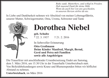 Traueranzeige von Dorothea Niebel von Südthüringer Presse