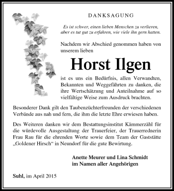 Traueranzeige von Horst Ilgen von Südthüringer Presse