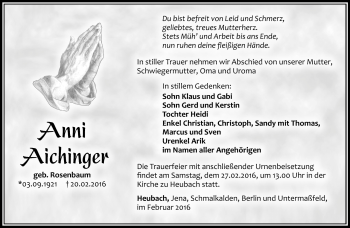 Traueranzeige von Anni Aichinger von Südthüringer Presse