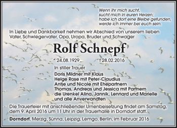 Traueranzeige von Rolf Schnepf von Südthüringer Presse