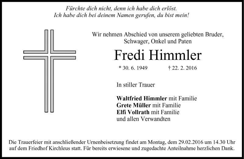  Traueranzeige für Fredi Himmler vom 26.02.2016 aus Neue Presse Coburg
