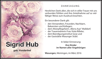 Traueranzeige von Sigrid Hub von Südthüringer Presse