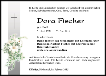 Traueranzeige von Dora Fischer von Südthüringer Presse