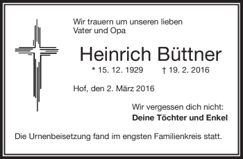 Traueranzeige von Heinrich Büttner von Frankenpost