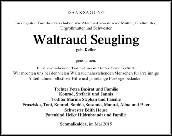 Traueranzeige von Waltraud Seugling von Südthüringer Presse