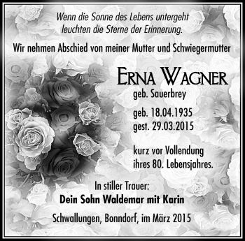 Traueranzeige von Erna Wagner von Südthüringer Presse