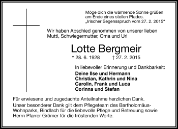 Traueranzeige von Lotte Bergmeir von Frankenpost