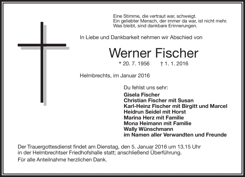  Traueranzeige für Werner Fischer vom 04.01.2016 aus Frankenpost
