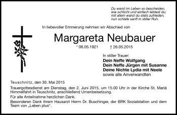 Traueranzeige von Margareta Neubauer von Neue Presse Coburg