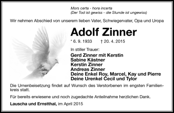 Traueranzeige von Adolf Zinner von Südthüringer Presse