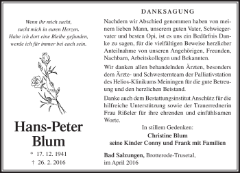 Traueranzeige von Hans-Peter Blum von Südthüringer Presse