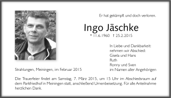 Traueranzeige von Ingo Jäschke von Südthüringer Presse