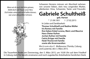 Traueranzeige von Gabriele Schultheiß von Neue Presse Coburg