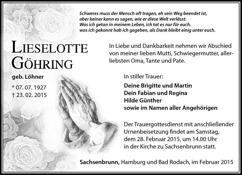 Traueranzeige für Liselotte Göhring vom 25.02.2015 aus Südthüringer Presse
