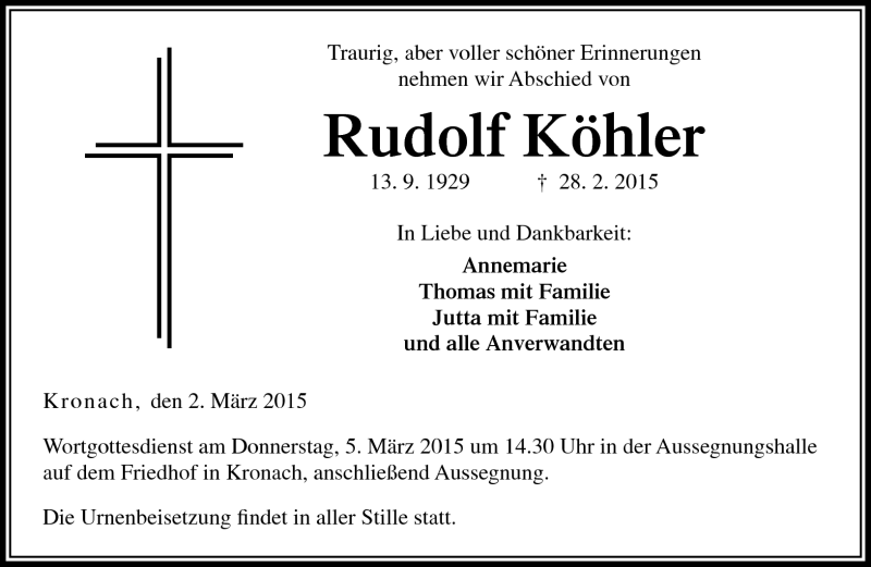  Traueranzeige für Rudolf Köhler vom 02.03.2015 aus Neue Presse Coburg