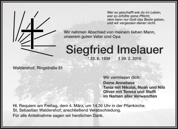 Traueranzeige von Siegfried Imelauer von Frankenpost