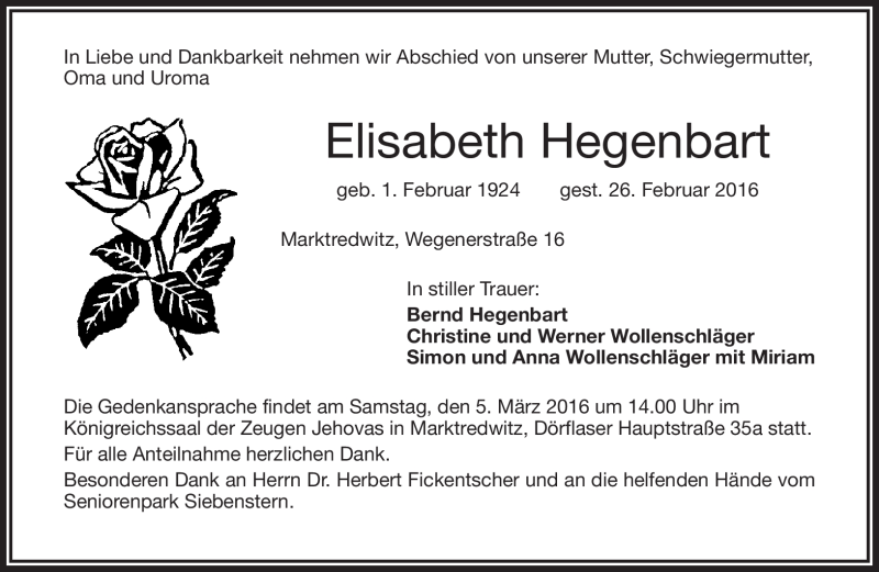  Traueranzeige für Elisabeth Hegenbart vom 01.03.2016 aus Frankenpost