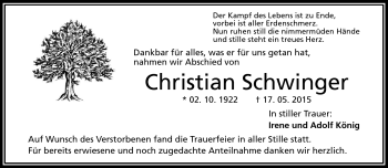 Traueranzeige von Christian Schwinger von Frankenpost