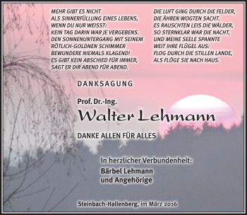 Traueranzeige von Walter Lehmann von Südthüringer Presse