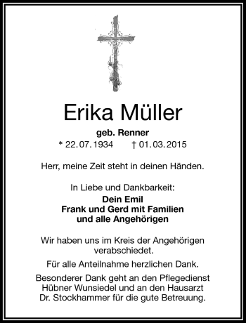 Traueranzeige von Erika Müller von Frankenpost