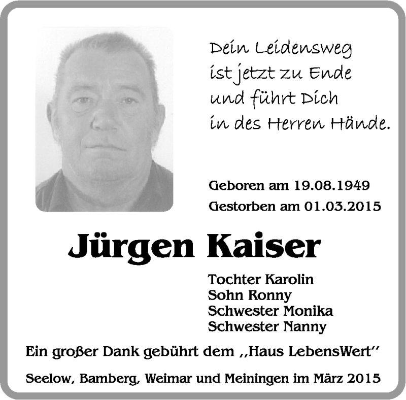  Traueranzeige für Jürgen Kaiser vom 20.03.2015 aus Südthüringer Presse