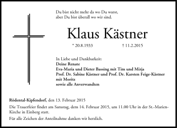 Traueranzeige von Klaus Kästner von Neue Presse Coburg