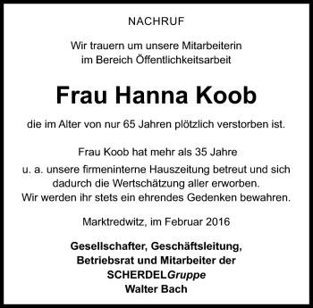 Traueranzeige von Hannah Koob von Frankenpost
