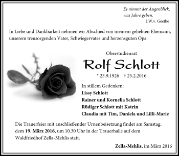 Traueranzeige von Rolf Schlott von Südthüringer Presse