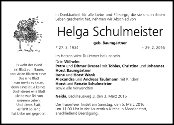 Traueranzeige von Helga Schulmeister von Neue Presse Coburg
