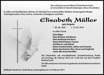 Traueranzeige von Elisabeth Müller von Südthüringer Presse