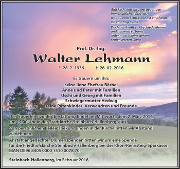 Traueranzeige von Walter Lehmann von Südthüringer Presse