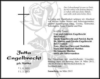 Traueranzeige von Jutta Engelbrecht von Südthüringer Presse