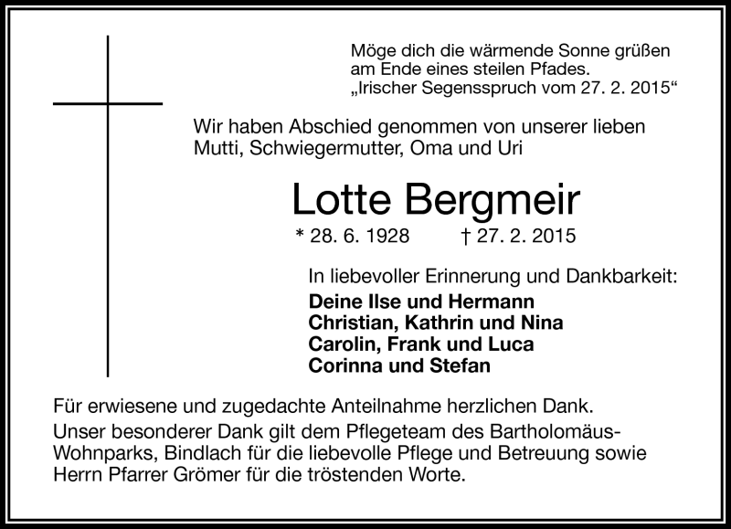  Traueranzeige für Lotte Bergmeir vom 14.03.2015 aus Frankenpost