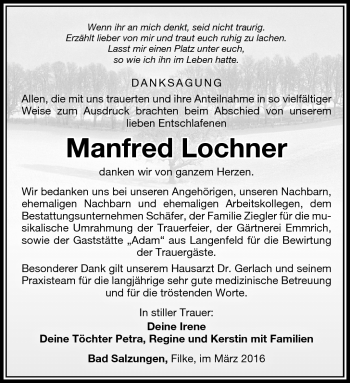Traueranzeige von Manfred Lochner von Südthüringer Presse