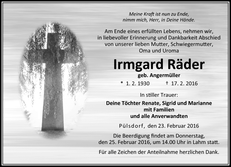  Traueranzeige für Irmgard Räder vom 23.02.2016 aus Neue Presse Coburg