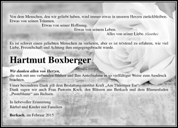 Traueranzeige von Hartmut Boxberger von Südthüringer Presse