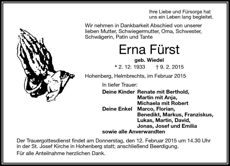  Traueranzeige für Erna Fürst vom 11.02.2015 aus Frankenpost