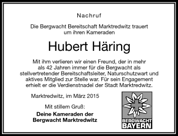Traueranzeige von Hubert Häring von Frankenpost