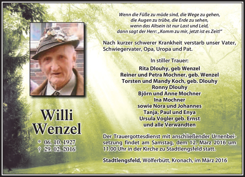  Traueranzeige für Willi Wenzel vom 08.03.2016 aus Südthüringer Presse