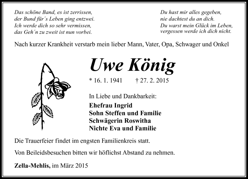  Traueranzeige für Uwe König vom 07.03.2015 aus Südthüringer Presse