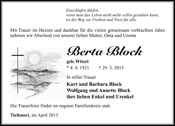 Traueranzeige von Berta Block von Südthüringer Presse