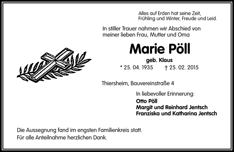  Traueranzeige für Marie Pöll vom 02.03.2015 aus Frankenpost