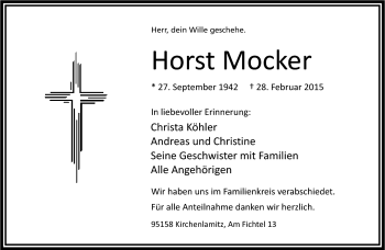 Traueranzeige von Horst Mocker von Frankenpost