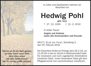 Traueranzeige von Hedwig Pohl von Neue Presse Coburg