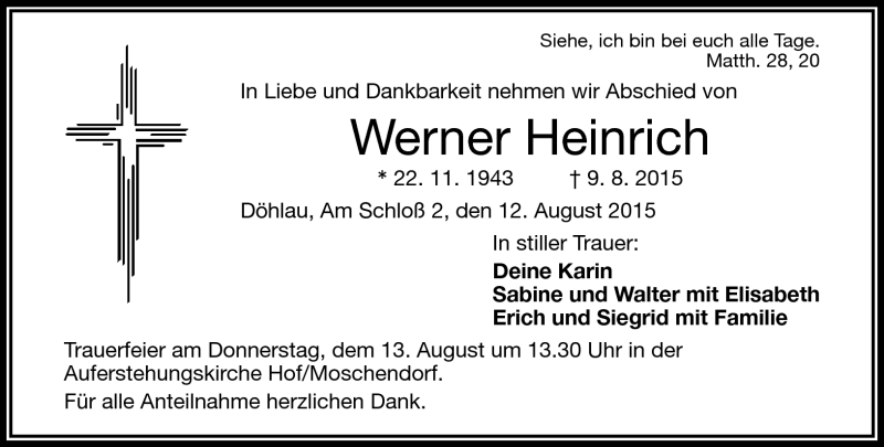  Traueranzeige für Werner Heinrich vom 12.08.2015 aus Frankenpost