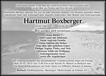 Traueranzeige von Hartmut Boxberger von Südthüringer Presse